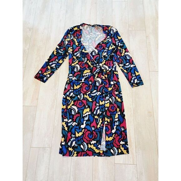 Anne Klein Dress Small Colorful Faux Wrap Jersey Sheath‎ Art Fitted Knee 3/4 - Picture 1 of 6